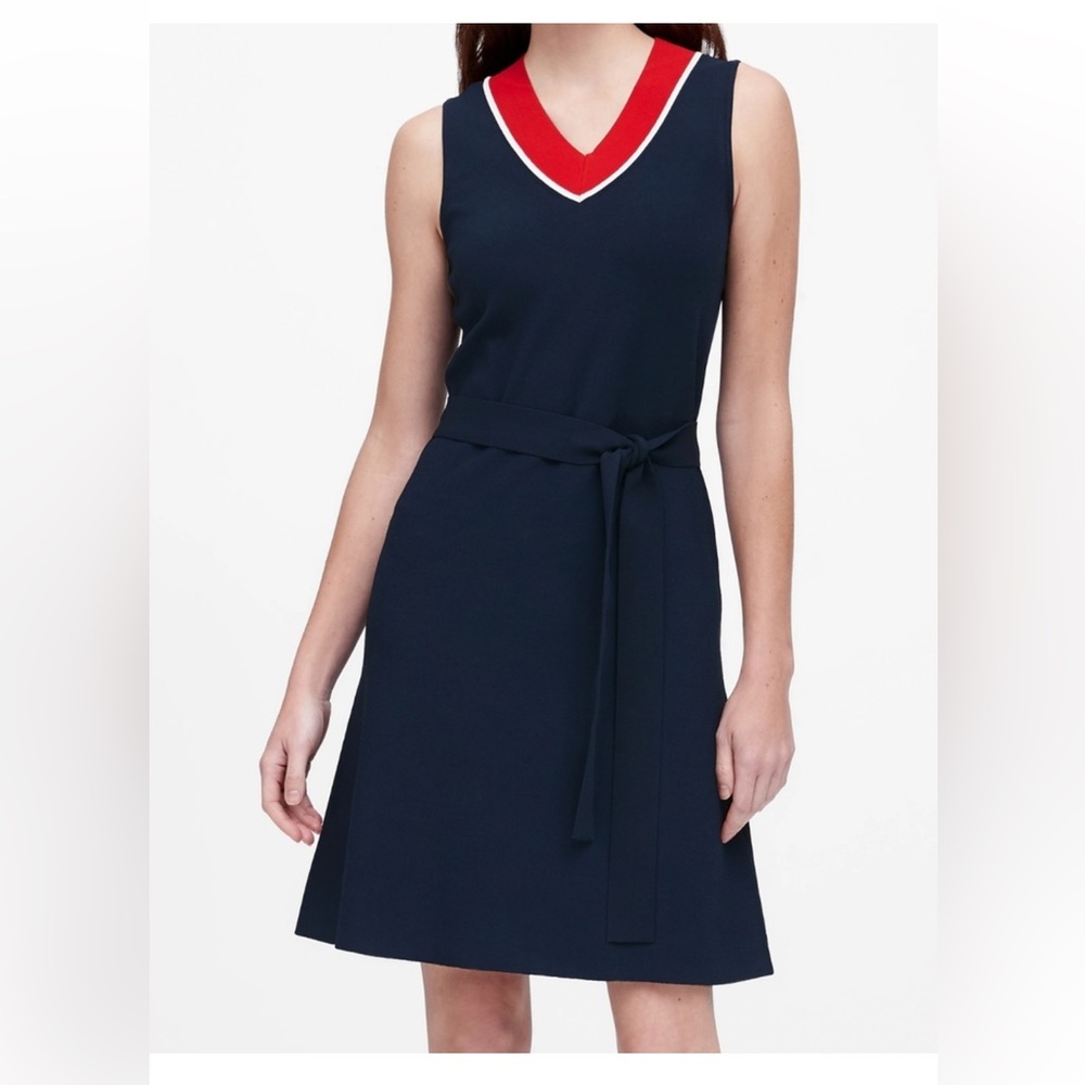 Banana Republic Blue Red White v neck tie dress